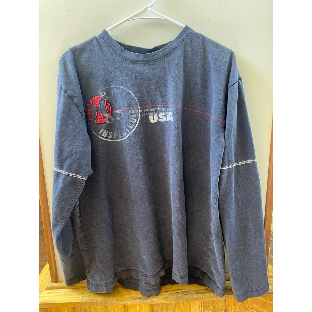 Vintage Tommy Hilfiger Jeans Mens Long Sleeve Graphic Navy Blue Embroidered L